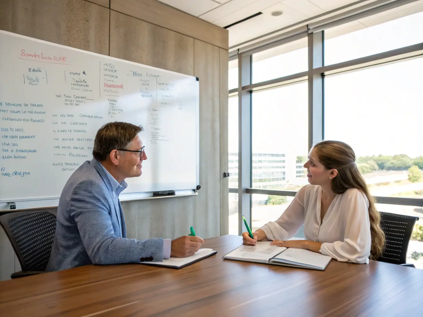 An auditor reviewing compliance checklists with a client in a modern office setting, representing a compliance audit.